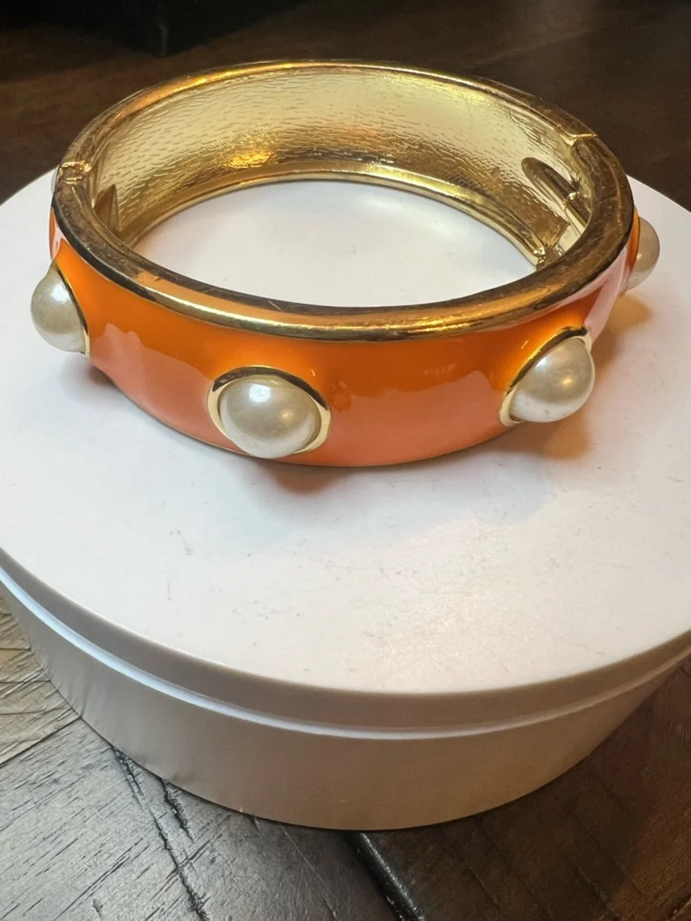Orange Enamel Pearl Accent Hinge Bracelet - Picture 2 of 3